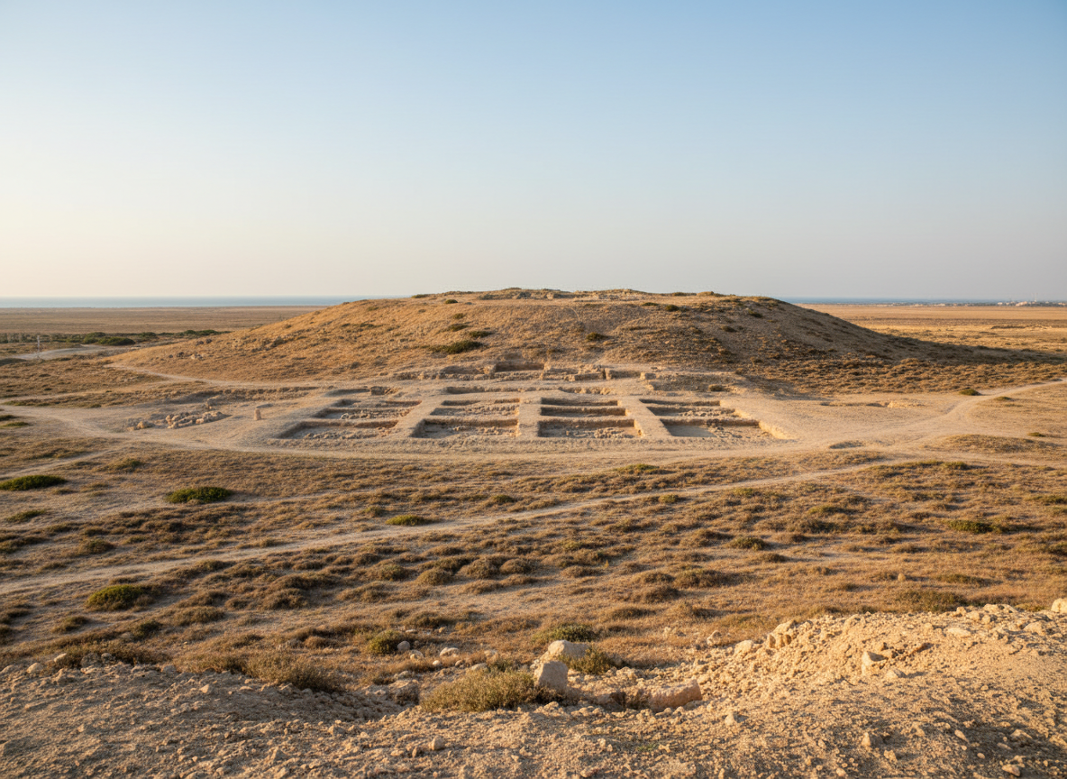 A wide, panoramic view of the Tel Ashdod archaeological mound captured in crisp photographic realism. The gently sloping tell rises from a dry, golden-brown coastal plain dotted with low scrub and exposed soil sections, revealing stratified earth layers. In the middle distance, carefully cut square excavation areas with neat balks create a subtle grid pattern in the earth, covered with pale dust and scattered stones. Late afternoon natural light casts long, soft shadows that emphasize the texture of the ground and the contour of the mound, while the sky is a clear, pale blue with a faint haze near the horizon. Shot from a slightly elevated angle with sharp focus throughout, the composition feels calm, professional, and documentary, conveying a sense of scale, history, and scientific observation without any human presence.