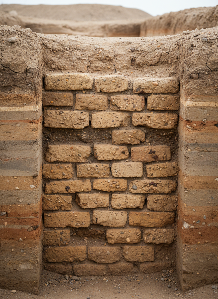 A close-up, photographic view of a partially excavated mudbrick wall at Tel Ashdod, the weathered bricks in shades of warm beige and reddish-brown stacked in a slightly irregular pattern. The surface shows crumbling edges, fine cracks, and embedded tiny pebbles, with a thin horizontal profile of darker soil marking an ancient occupation layer. The wall is framed by cleanly cut excavation balks of compacted earth on both sides, their stratigraphy visible as distinct horizontal color bands. Soft, diffused morning light from an overcast sky reduces harsh shadows and brings out subtle textures in the soil and brick surfaces. The camera is positioned at eye level with a moderate depth of field, keeping the wall in sharp focus while gently blurring the background. The mood is careful, methodical, and academic, highlighting the precision of archaeological work in a clean, professional style.