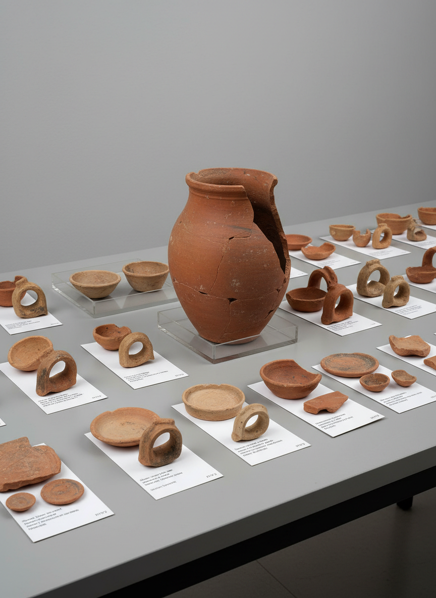 A meticulously arranged assemblage of excavated ceramics from Tel Ashdod displayed on a neutral grey archival table. The centerpiece is a large, reddish-brown storage jar profile with a clearly broken edge revealing its thickness, surrounded by smaller bowl rims, jug handles, and base sherds in varied clay tones from pale buff to deep terracotta. Each group rests on crisp white index cards and pale plastic trays, all free of text, aligned with careful spacing. Bright, even studio lighting from above eliminates harsh shadows, creating a clinical, museum-like clarity that emphasizes surface slips, incised decorations, and traces of soot or mineral deposits. Shot from a slightly elevated, three-quarter angle with sharp focus across the frame, the composition feels analytical and orderly, reflecting a professional research environment and the careful documentation of material culture.