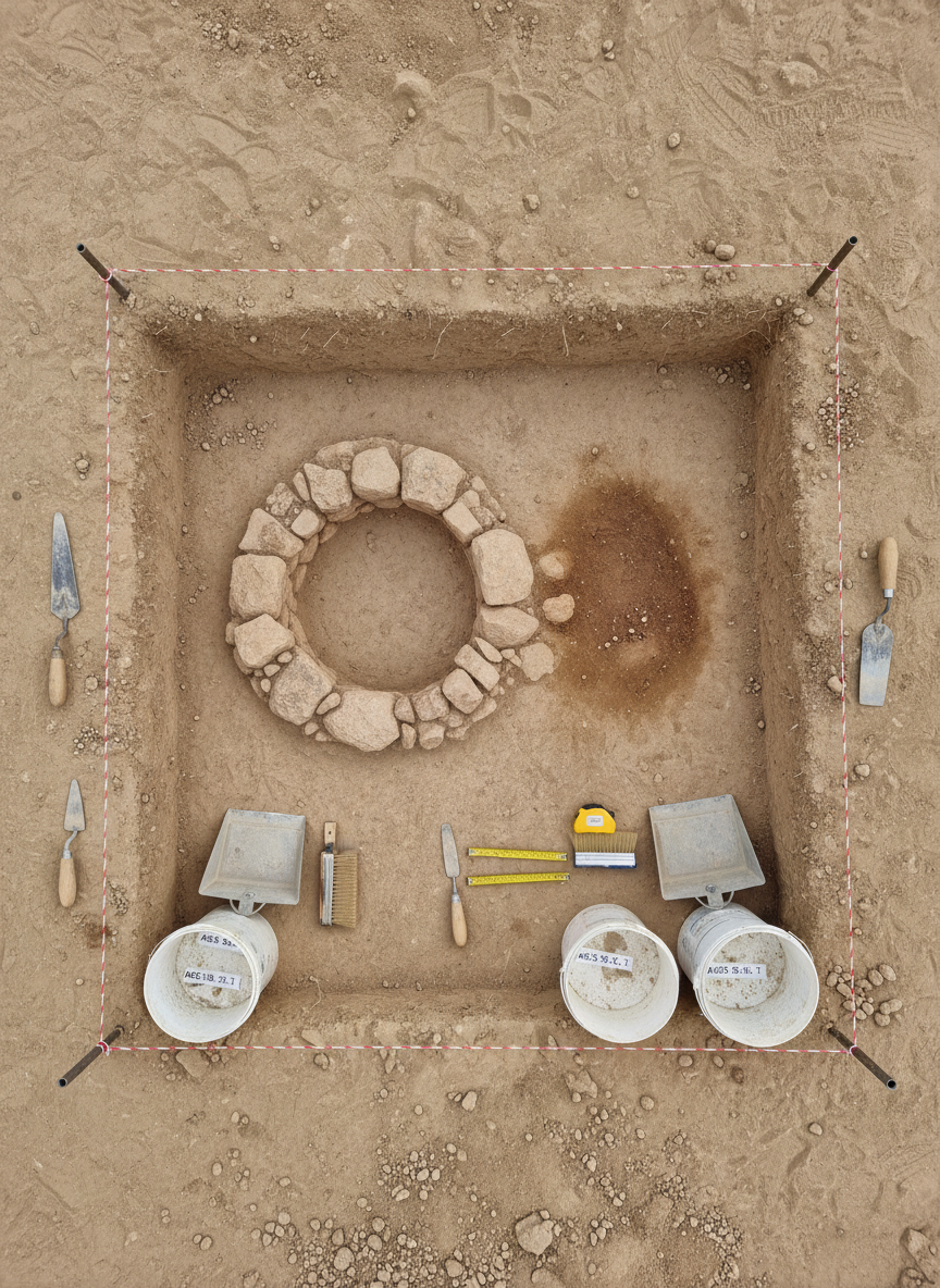A detailed overhead photographic view of an active excavation square at Tel Ashdod, completely devoid of people but filled with tools and features. The square is defined by taut, bright string tied to metal stakes at each corner, forming a precise boundary over compacted, light-brown soil. Within the square, a shallow pit reveals a circular stone installation and a darker soil stain suggesting an ancient hearth. Around the edges lie neatly placed trowels, a small hand brush, a metal dustpan, a folded measuring tape, and labeled plastic buckets, their surfaces dusty from use. Soft, high midday natural light from a clear sky casts minimal shadows, ensuring every tool and soil variation is crisp and legible. The composition uses a bird’s eye view and sharp focus for a clear, documentary, educational mood that emphasizes careful field methodology.